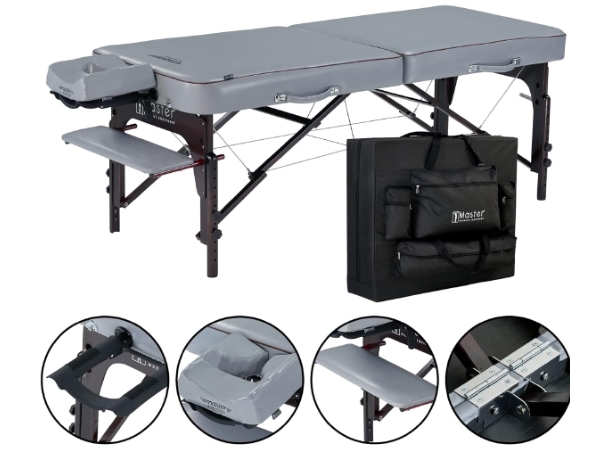 Adjustable height massage table with ergonomic accessories.