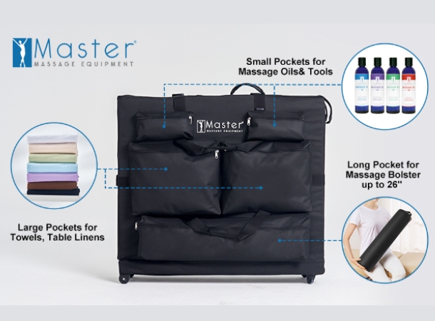 Massage table bag with storage pockets and secure straps