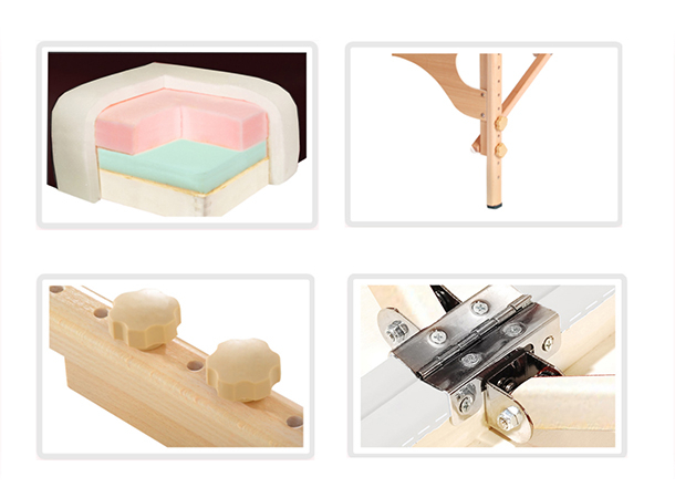 Adjustable-height massage table with PVC upholstery.