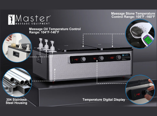 Adjustable temperature massage heater for wellness treatments.