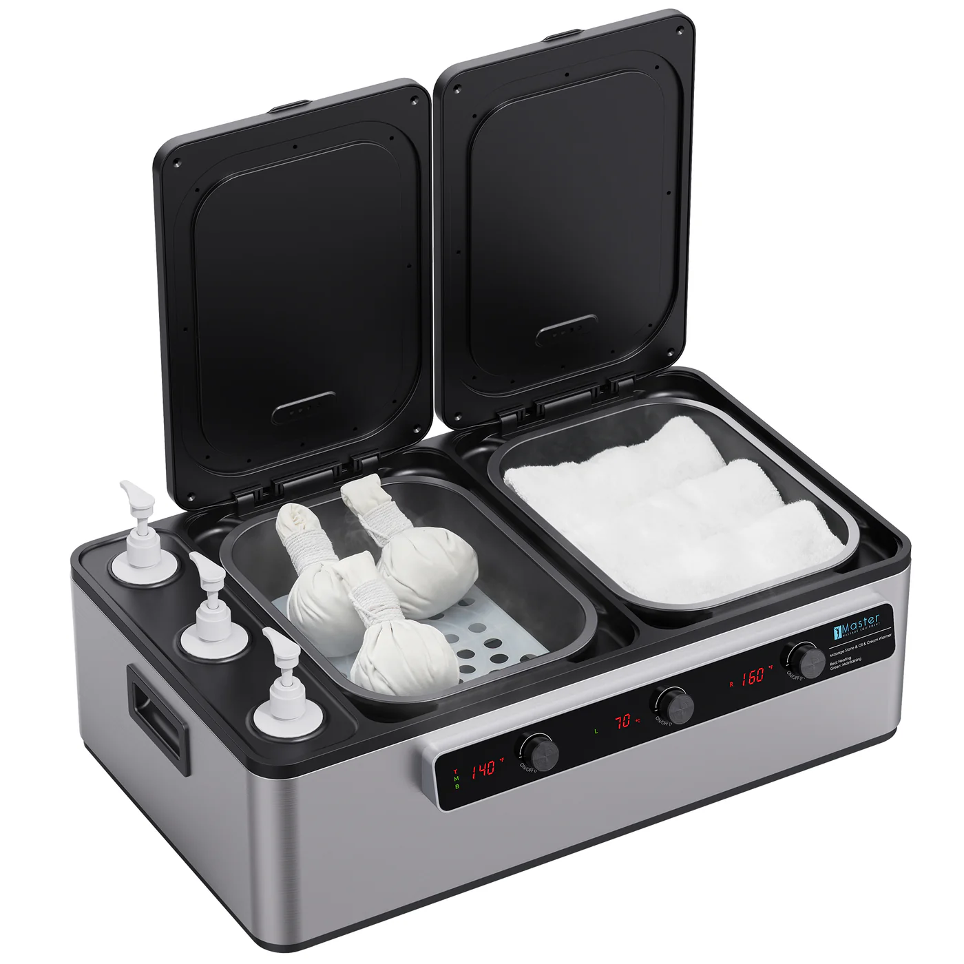 Dual heating zones for massage stones and oils.
