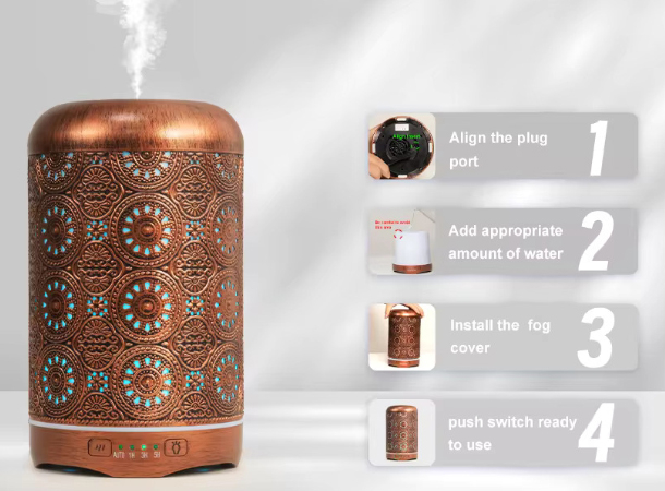 Bronze Metal Aroma Diffuser 250ml - Mist Output: Diffuser in action, emitting a fine mist of soothing aroma.