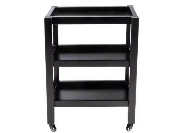 Front view of wooden 3-tier storage trolley with smooth finish