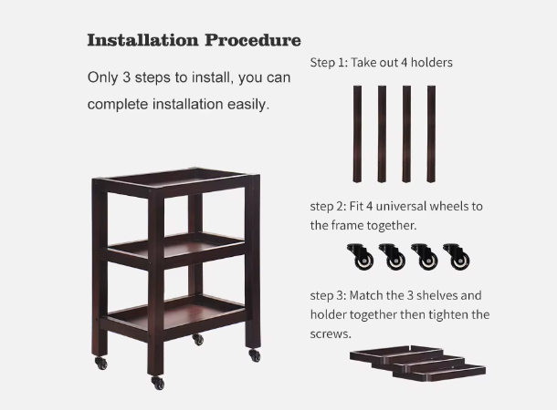 Wooden 3-tier rolling storage trolley used in kitchen for utensils and supplies