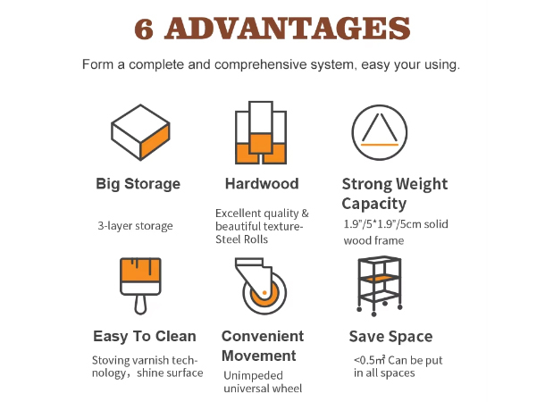 Stylish wooden rolling cart trolley for portable home storage solution