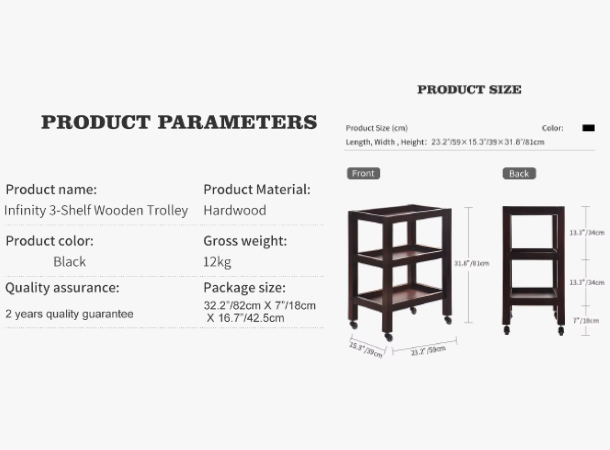 Top angle view of wooden 3-tier cart trolley for home and office use