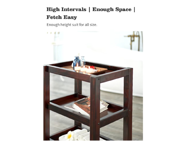 Side view of wooden rolling cart with three shelves and handle