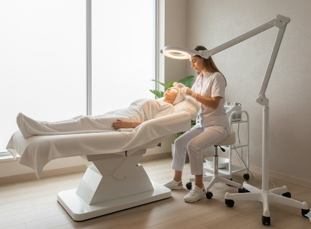 Doyen vertical magnifying lamp positioned beside facial treatment bed