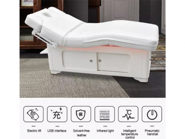 Electric Heated Massage Bed with Storage Cabinet – Front View showcasing modern design and built-in storage.