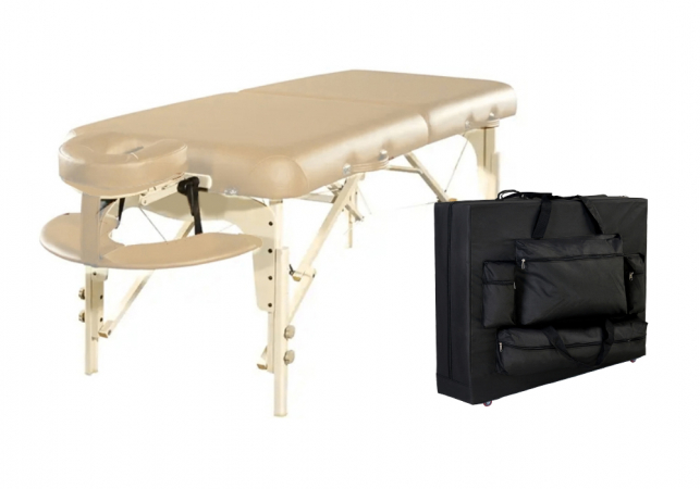 Beige massage table with adjustable height and storage shelf