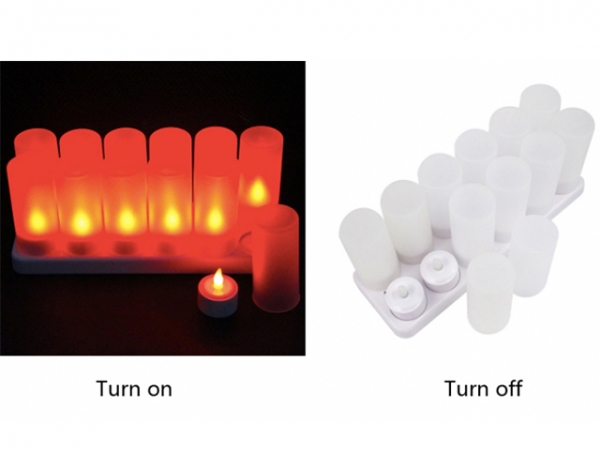 Compact charging hub for LED tea light candles in use.